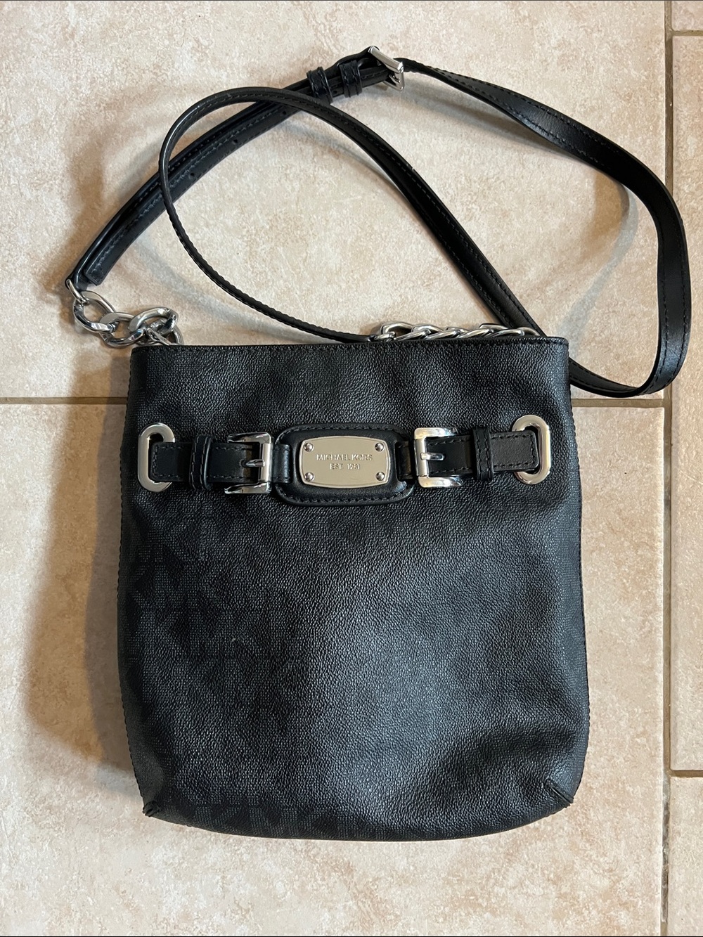 Michael Kors Signature Black Crossbody Shoulder Bag with Silver Hardware